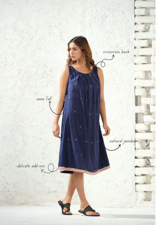 Jamdani - Navy Blue Self Weaved Long Dress