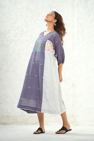 Jamdani - White Check Applique Detail Long Dress