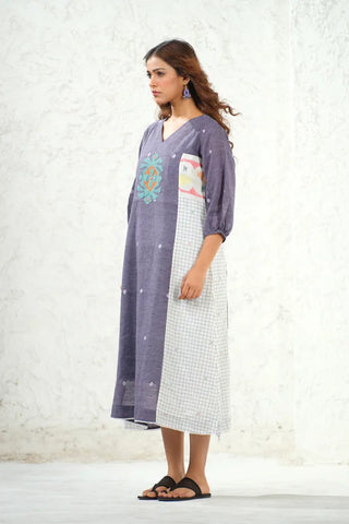 Jamdani - White Check Applique Detail Long Dress