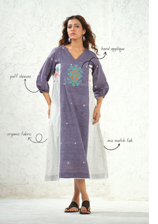 Jamdani - White Check Applique Detail Long Dress