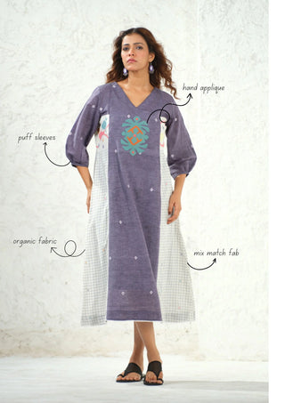 Jamdani - White Check Applique Detail Long Dress