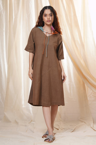 Hand Woven - Beach Brown Mid Length Hoodie Dress