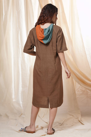 Hand Woven - Beach Brown Mid Length Hoodie Dress