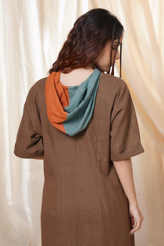 Hand Woven - Beach Brown Mid Length Hoodie Dress