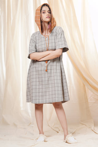 Hand Woven - Checkered Mid Length Hoodie Dress