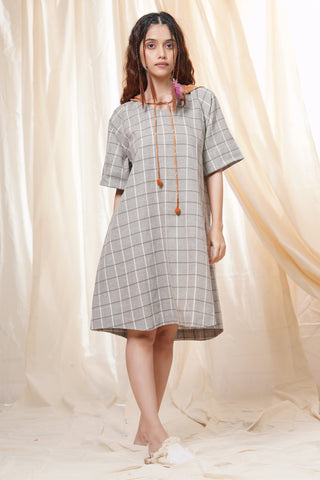 Hand Woven - Checkered Mid Length Hoodie Dress