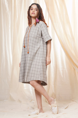 Hand Woven - Checkered Mid Length Hoodie Dress