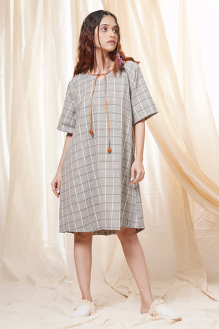 Hand Woven - Checkered Mid Length Hoodie Dress