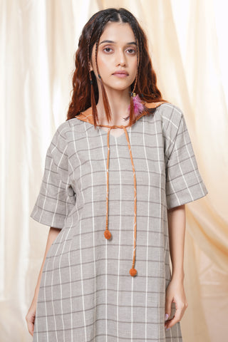 Hand Woven - Checkered Mid Length Hoodie Dress