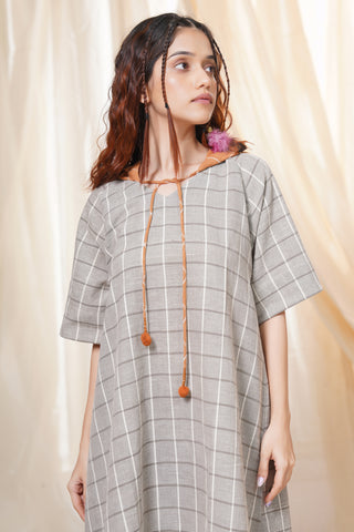 Hand Woven - Checkered Mid Length Hoodie Dress