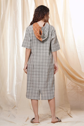 Hand Woven - Checkered Mid Length Hoodie Dress