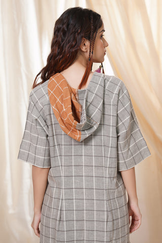 Hand Woven - Checkered Mid Length Hoodie Dress