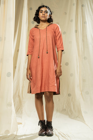 Hand Woven - Organic Knee-Length Dusty Pink Hoodie Dress