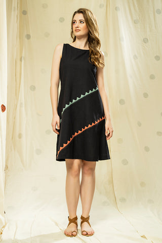 Striped Legacy- Luxurious Black Knee Length Applique Dress