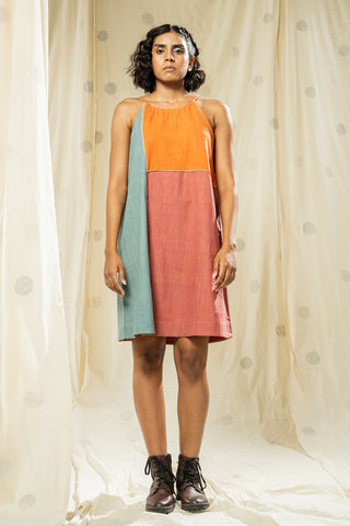 Hand Woven - Hand Spun Organic Colour Block Sleeveless Knee Length Dress