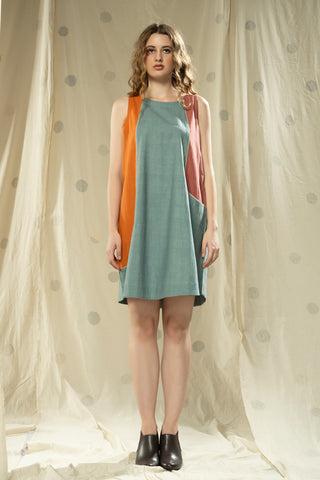 Hand Woven - Hand Spun Organic Colour Block Sleeveless Knee Length Dress