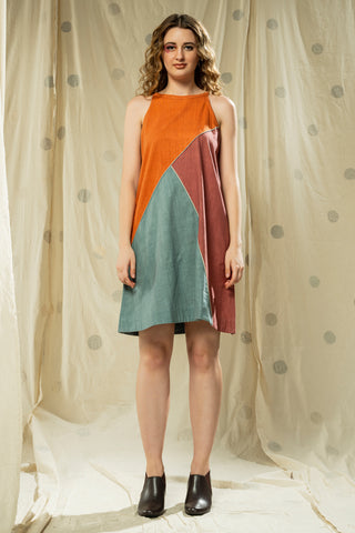 Hand Woven - Hand Spun Organic Colour Block Sleeveless Knee Length Dress