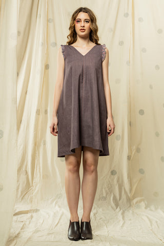 Hand Woven - Hand Spun Organic Shadow Gray Sleeveless Pleated Dress