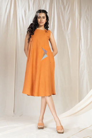 Triangular Tales-Orange Knee Length Khadi Dress