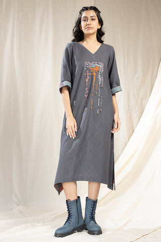 Hand Woven - Hand Spun Khadi Asymmetric Embroidered Dress