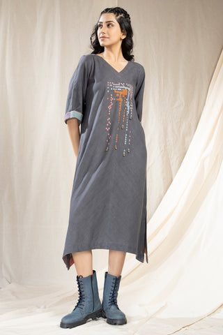 Hand Woven - Hand Spun Khadi Asymmetric Embroidered Dress