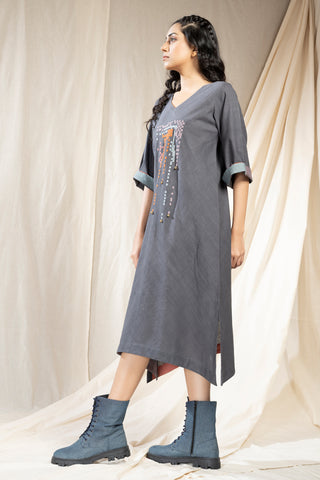 Hand Woven - Hand Spun Khadi Asymmetric Embroidered Dress