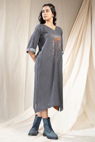 Mosaic Elegance-Khadi Asymmetric Embroidered Dress