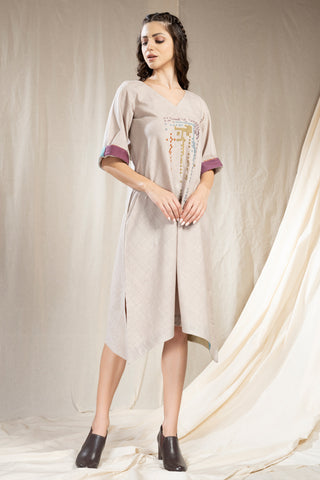 Mosaic Elegance- Hand Woven Khadi Asymmetric Embroidered Dress