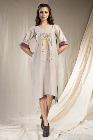 Mosaic Elegance-Khadi Asymmetric Embroidered Dress