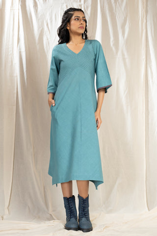 PinTuck Perfection- Tropical Teal Organic Asymmetric Dress