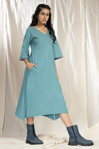 PinTuck Perfection-Teal Organic Asymmetric Dress