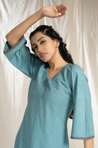 PinTuck Perfection-Teal Organic Asymmetric Dress
