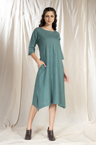 Hand Woven- Hand Spun Pin Tucked Asymmetric Dress