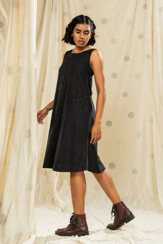 Hand Woven - Hand Spun Black Spaghetti Knee Length Dress