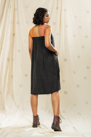 Hand Woven - Hand Spun Black Spaghetti Knee Length Dress