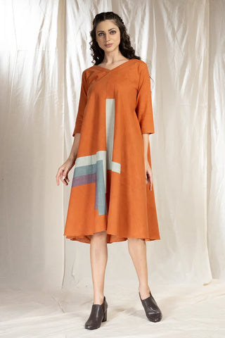 Tonal Blocks - Full Sleave Orange Khadi Dress