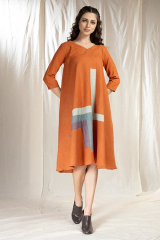 Tonal Blocks - Full Sleave Orange Khadi Dress