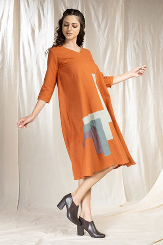 Tonal Blocks - Full Sleave Orange Khadi Dress