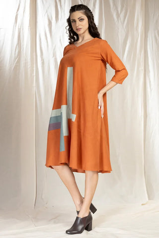 Tonal Blocks - Full Sleave Orange Khadi Dress