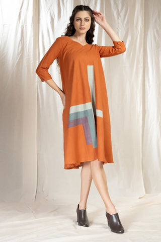 Tonal Blocks - Full Sleave Orange Khadi Dress
