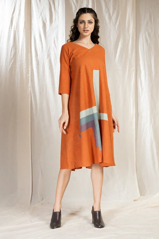 Tonal Blocks - Full Sleave Orange Khadi Dress