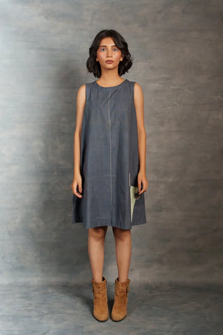 Minimalist Handcrafted Sleeveless Khadi Dress with Artistic Applique Detail