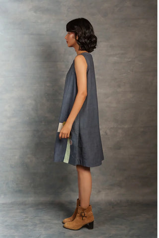 Minimalist Handcrafted Sleeveless Khadi Dress with Artistic Applique Detail