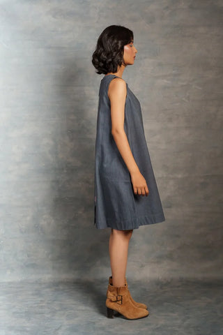 Minimalist Handcrafted Sleeveless Khadi Dress with Artistic Applique Detail