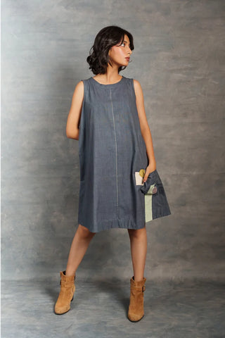 Minimalist Handcrafted Sleeveless Khadi Dress with Artistic Applique Detail