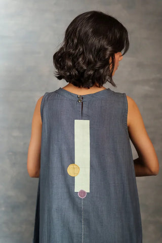 Minimalist Handcrafted Sleeveless Khadi Dress with Artistic Applique Detail