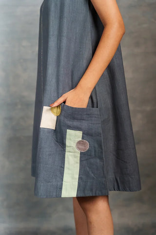 Minimalist Handcrafted Sleeveless Khadi Dress with Artistic Applique Detail