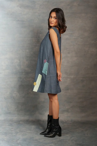 Thread Game A-Line Sleeveless Grey Color Khadi Casual Dress – Minimal, Hand Embroidered and Sustainable