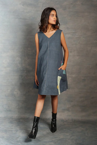Thread Game A-Line Sleeveless Grey Color Khadi Casual Dress – Minimal, Hand Embroidered and Sustainable