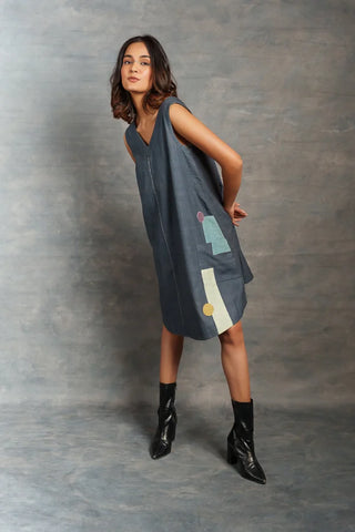 Thread Game A-Line Sleeveless Grey Color Khadi Casual Dress – Minimal, Hand Embroidered and Sustainable